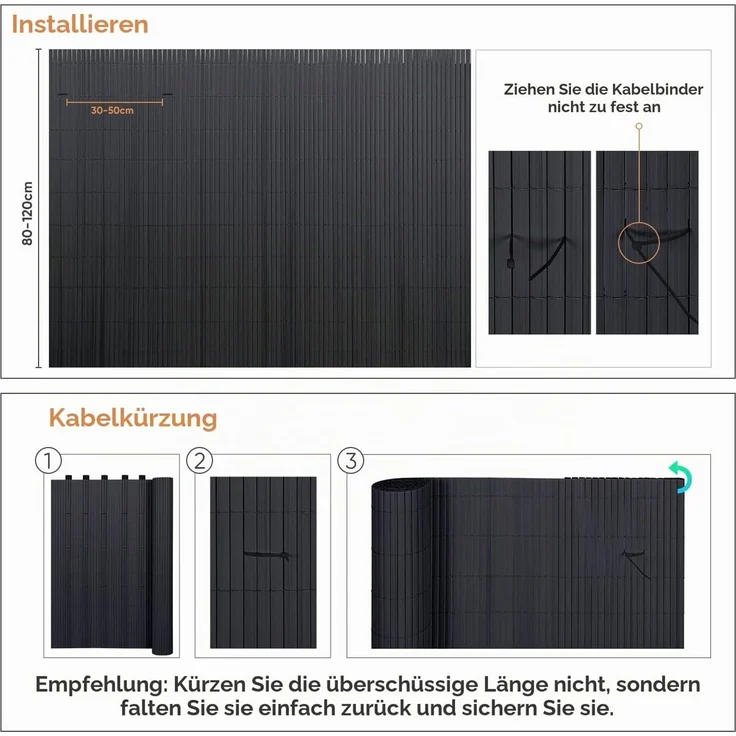 Sekey PVC Sichtschutzmatte 140x500cm Doppelte Verstärkung Innen, Balkon Sichtschutz mit Kabelbindern, Sichtschutzzaun Windschutz Wasserdicht ohne Bohren für Balkon Garten, Anthrazit – Bild 6
