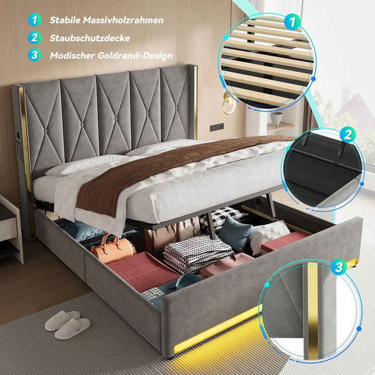 LVHOM Polsterbett mit Stauraum, Doppelbett mit LED, USB-Anschlüsse und Seitentaschen, Funktionbett, 180x200 cm, Grau – Bild 5