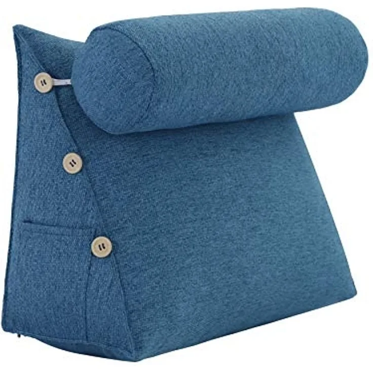 VERCART Keilkissen mit verstellbarer Nackenrolle, Leinenmischung blau, 60 x 22 x 50 cm