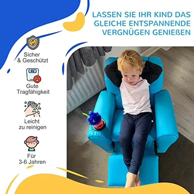 HOMCOM Sessel Kindersessel, Liegefunktion, Eingebauten Becherhalter, Blau (Set, 1-St, Kindersofa für 3-6 Jahre alt), 62B x 52T x 69H cm – Bild 7