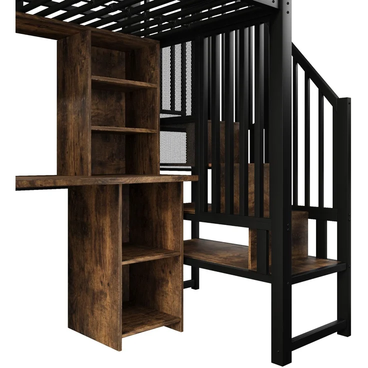 Hochbett mit Schreibtisch, Bücherregal, Kleiderschrank und Rausfallschutz, 90x200cm, Treppe mit Regal, Kinderbett, Metallbett – Bild 10