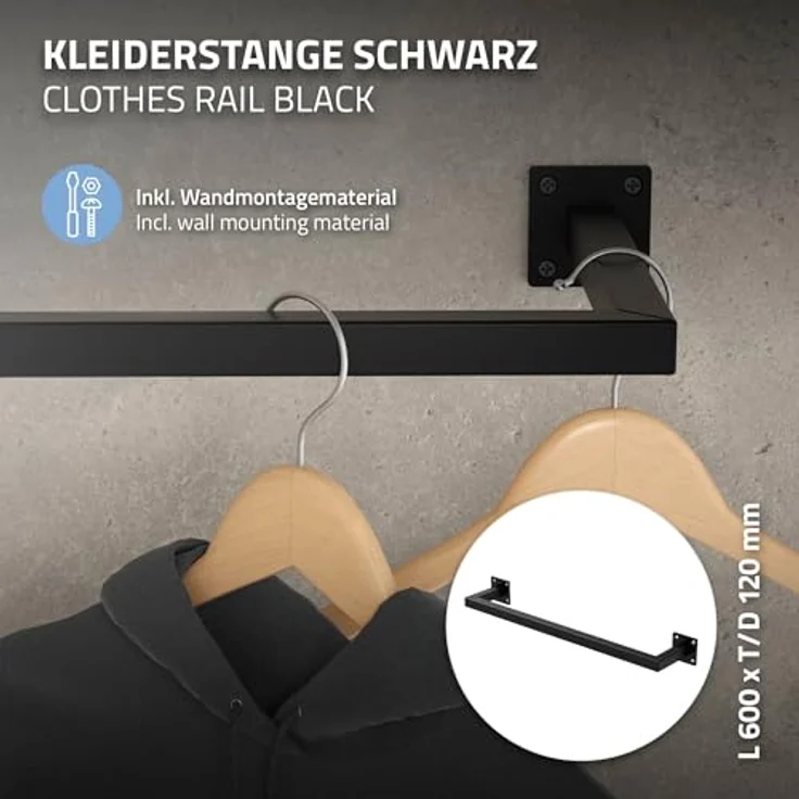 ML-DESIGN Kleiderstange Wandgarderobe Rechteck für die Wand aus Stahl inkl. Montagematerial (1 St), Garderobenstange 60x12 cm Schwarz U-Form Kleiderständer Kleidergestell – Bild 3