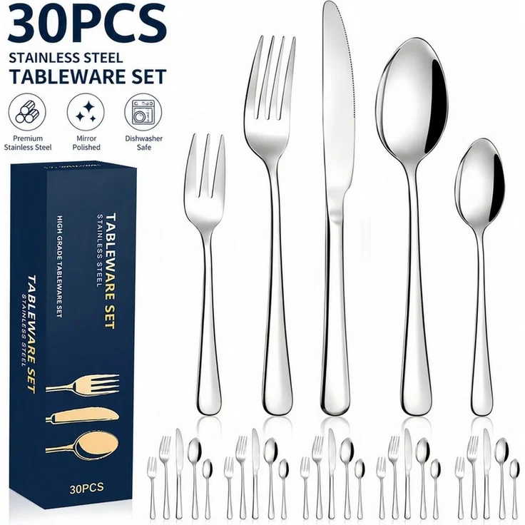 ibettertec Besteck-Set 30-teiliges Edelstahl Besteckset Spülmaschinenfest, 36 Personen, Modern Silber für 6 Personen – Bild 1