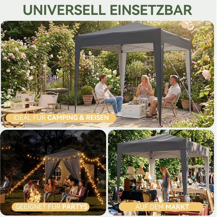 Aoxun Pop Up Pavillon 2x2m Wasserdicht mit 4 Seitenwänden, Metallrahmen-Schutzzelt, Höhe Verstellbar, Faltpavillon 2x2 mit Tragetasche für Camping Party, Grau – Bild 8
