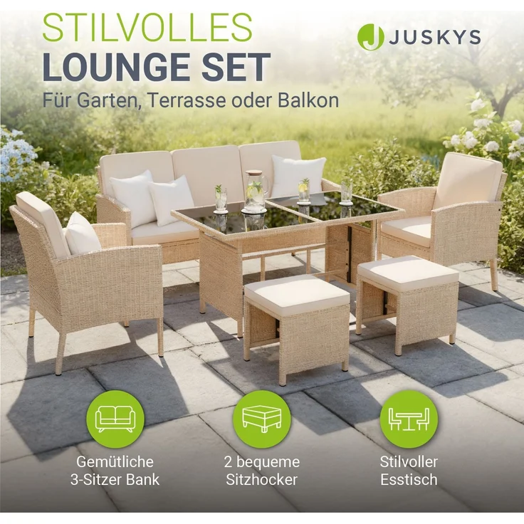 Juskys Polyrattan Gartenmöbel Sitzgruppe Turin Set 6 teilig - 7 Personen - Outdoor Möbel mit Sessel, Hocker, Tisch & Kissen - Loungemöbel Creme / Sand – Bild 2