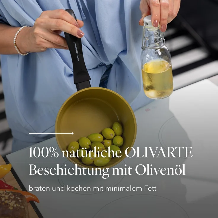 FLORINA AMVEGAN Aluminium Kasserolle 16 cm I 1,1L I Hohe Haltbarkeit I Olivenöl-Keramikbeschichtung I Einfaches Kochen & Spülen I Für alle Herdarten I Originales Design – Bild 5