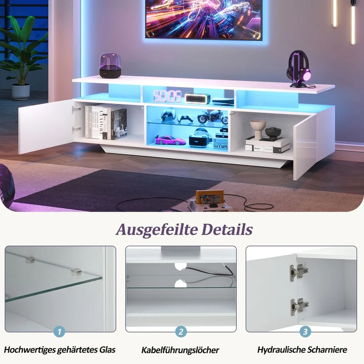 Merax 160cm Fernsehschrank,TV-Ständer mit 2 Schränken, Wohnzimmerschrank, Hochglanz-TV-Schrank mit LED-Lichtleiste, mit 8 Ablageflächen, 70-Zoll-Fernseher, Weiß – Bild 6