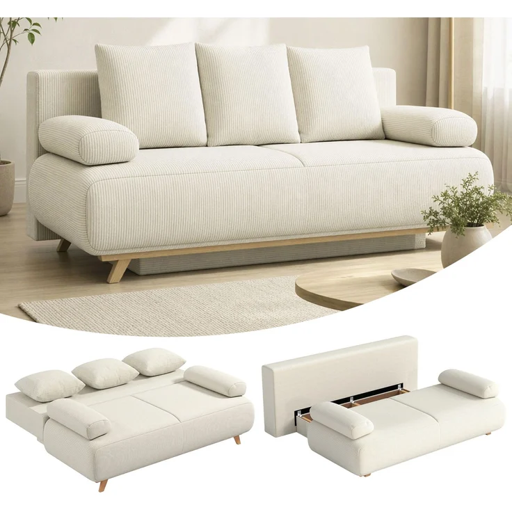 HOMCOM Schlafsofa, Cord (90 % Polyester, 10 % Nylon), Beige, 188 x 100 x 84 cm – Bild 2