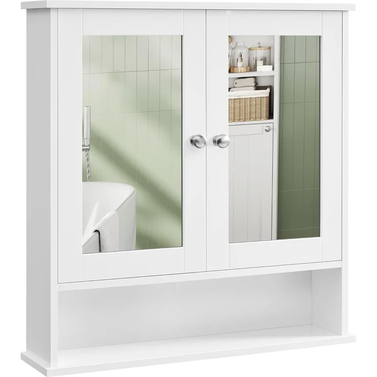 VASAGLE Spiegelschrank, Badschrank, Wandschrank, Hängeschrank mit 2 Spiegeltüren und offenem Fach, verstellbare Ablage, Wandmontage, 15 x 65 x 75 cm, weiß LHC012W01 – Bild 1