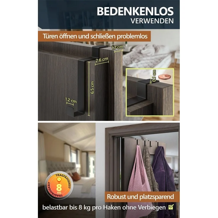 Aurelia Home Türhaken Türhaken aus Edelstahl für die Falztürinnenseite, 1,2 × 6,5 cm, Türen, (Packung, 10-St, 10), Bohrfrei, stabil, korrosionsfest, langlebig, robust – Bild 3