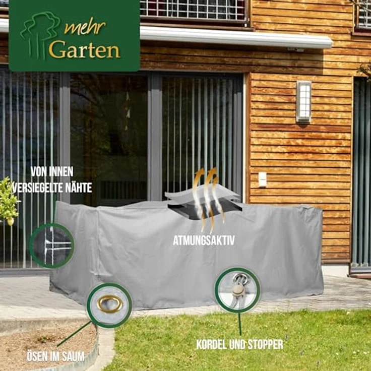 Mehr Garten Premium Protect Abdeckung für rechteckige Sitzgruppe, 250x200x94 cm, hellgrau, wasserdicht und UV-beständig, atmungsaktives 2-lagiges Polyestergewebe – Bild 4