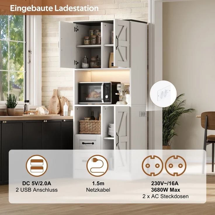 Hochschrank 72x40x173 cm in Weiß, mit LED, Steckdosenleiste, 2 Schubladen und Schiebetüren – Bild 9