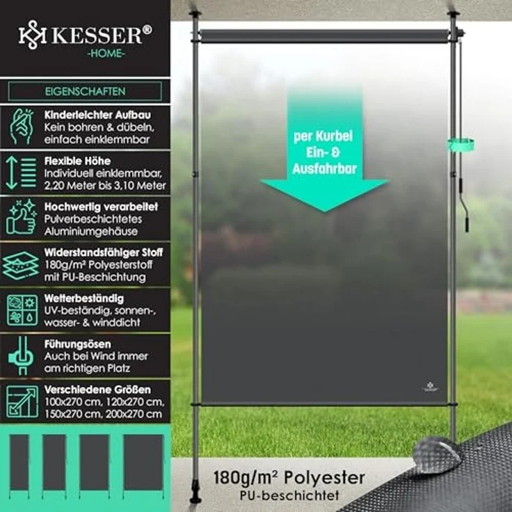 KESSER® Klemmmarkise Senkrechtmarkise 200x310 cm Ausziehbar & Blickdicht Vertikalmarkise mit Handkurbel ohne Bohren Balkon-Sichtschutz & Windschutz für Garten & Terrasse Wasserfest Anthrazit – Bild 2