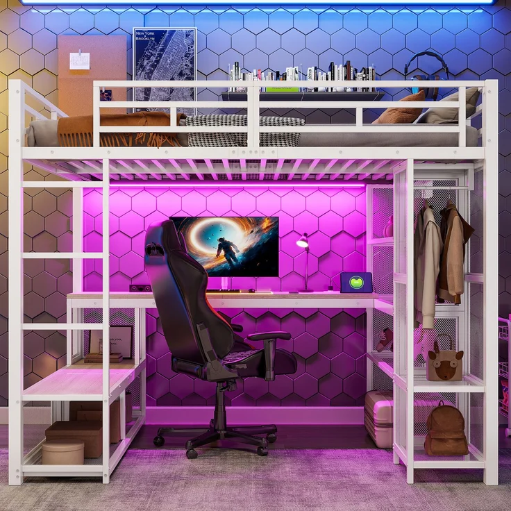 U-life Metall-Hochbett 140x200 cm mit Schreibtisch, offenem Kleiderschrank, LED-Beleuchtung und USB-Ladestation, Weiß – Bild 3