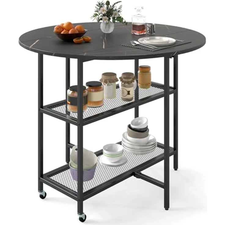 FANTASK Esstisch klappbar für 2-4 Personen, runder Esszimmertisch Küchentisch mit 2 Ablagefächern, mobiler Klapptisch Marmor Optik für Esszimmer, Wohnzimmer (Schwarz) – Bild 2