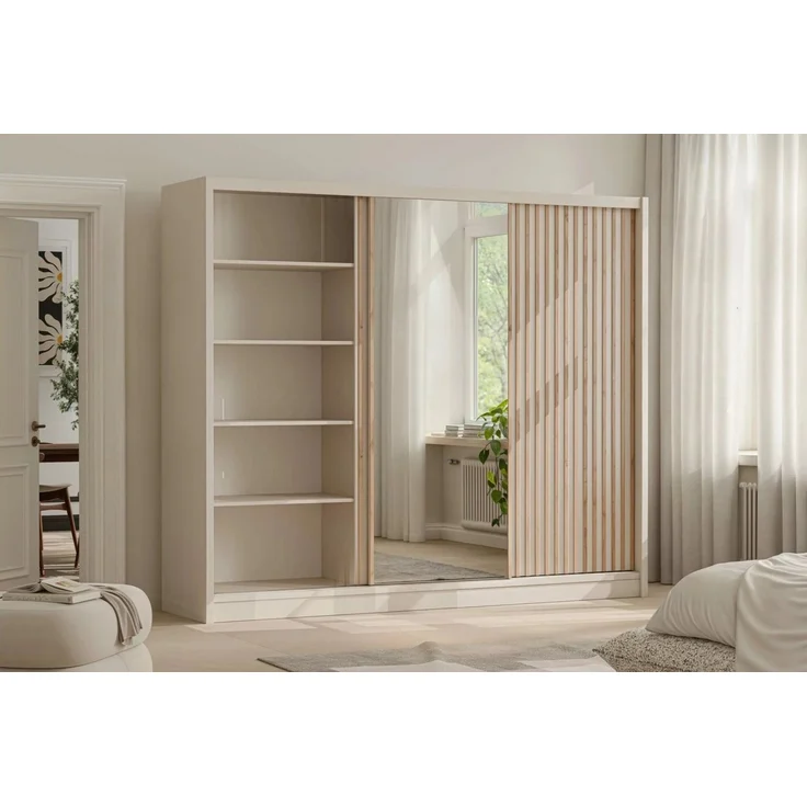 Deine Möbel 24 Schwebetürenschrank NEW YORK LUX Kleiderschrank mit Spiegel und Lamellen, 250 oder 203 cm (Set, 1-St, ideal für Schalfzimmer & Flur) in Kaschmir, modern, mit viel Stauraum – Bild 4