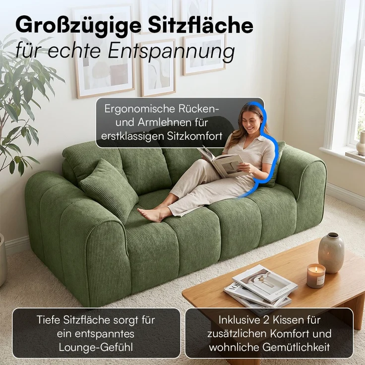 skølm 'Vanaheim' Sofa 2 Sitzer mit 2 Kissen, Cloud Sofa dunkelgrün, Chenille-Stoff, Vollschaumcouch mit Federkern und Vakuum-Kompression, kein Aufbau erforderlich – Bild 7