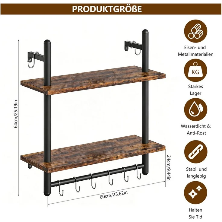 BlingBin Wandregal 2-stufiges schwebendes Rohrregal, Küchenregal mit Rundrohr und Haken, Industrial Regal 1-tlg, Schweberegal, Gewürzregal, Holzregal für Dekoration und Aufbewahrung – Bild 2