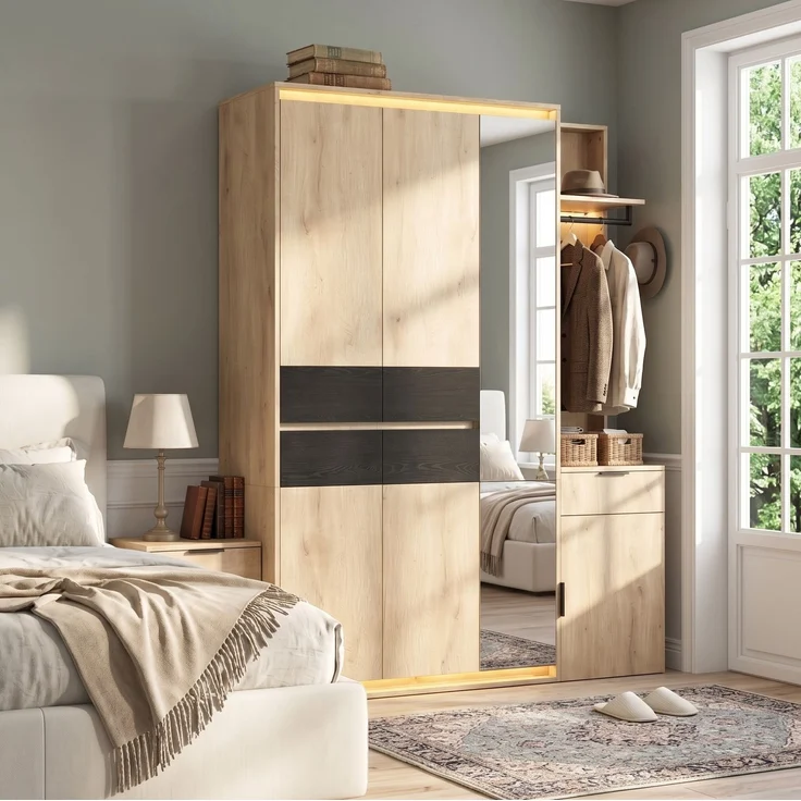 Garderoben-Set 155x47x200 cm mit Spiegel, LED-Beleuchtung und 5 Schubladen – Bild 3