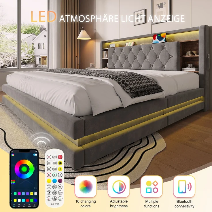TavilaEcon Boxspringbett Samtbett, Polsterbett mit LED-Beleuchtung & USB-Ladefunktion grau Liegefläche 180 × 200 cm – Bild 3