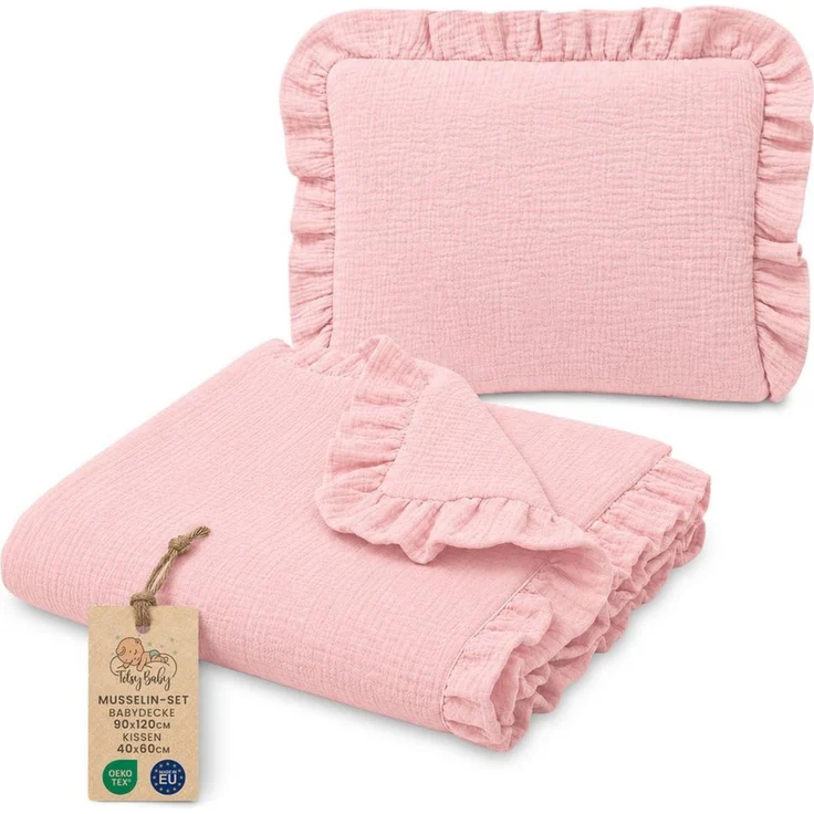 Babydecke Musselin Decke Baby Set 75x60 cm + Kissen 40x30 cm mit Rüschen, Totsy Baby – Bild 1