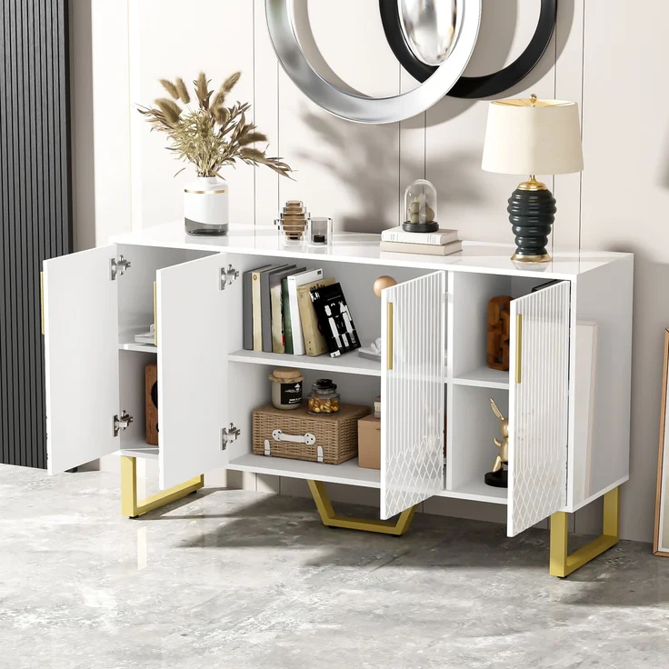 Flieks Hochglanz-Sideboard, 4 Türen, 3D-Geometriefronten und Metallfüßen, 140 x 40 x 80 cm, Weiß – Bild 2
