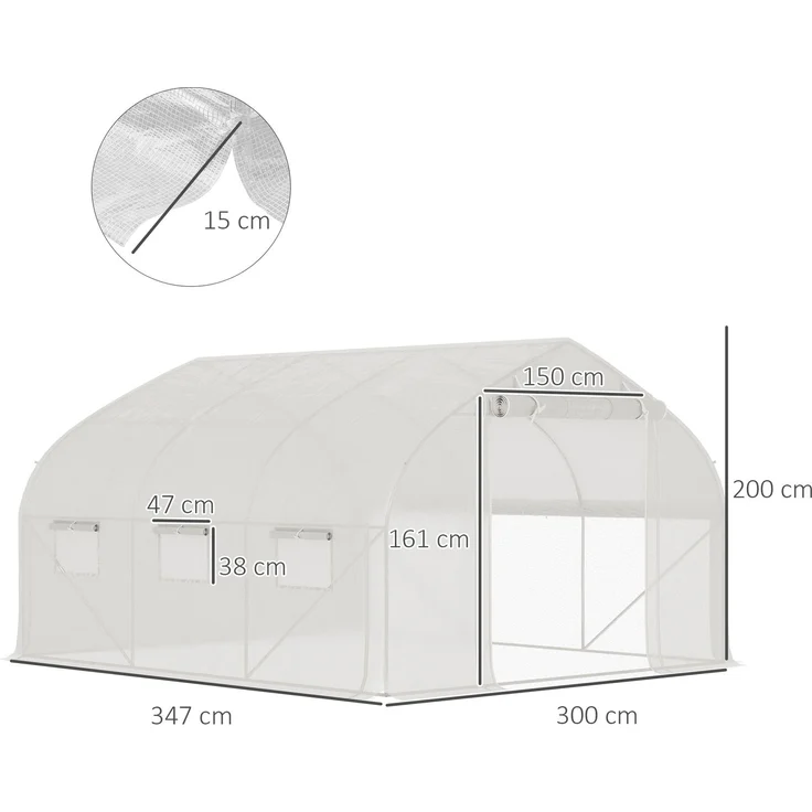 Wohnora-10,4 m² großes Tunnelgewächshaus, UV-beständig, mit aufrollbarer Reißverschlusstür und Netzfenstern, 350 x 300 x 200 cm, weiß,H 2000cm x T 1550cm x B 3000cm – Bild 4