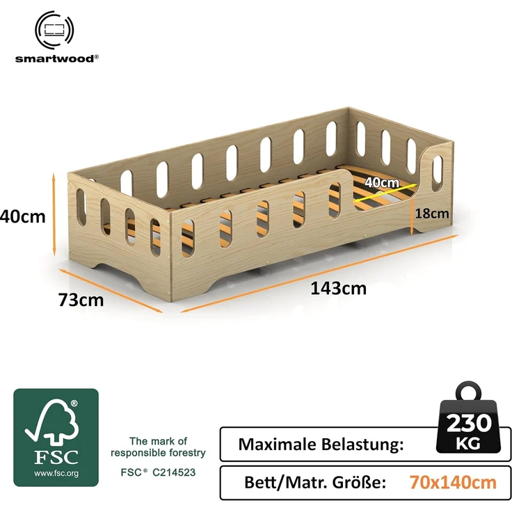smartwood Kinderbett Bodenbett 70x140 mit Rausfallschutz & Lattenrost - Lackiert - Kinder Montessori Bett TILA 2P mit glatten Kanten - Betten für schnelle Montage - Bis 230 kg belastbar – Bild 2
