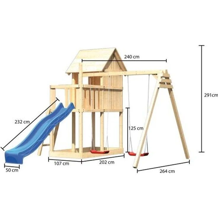 Karibu Kinderspielhaus Frieda Set Aktion2 naturbelassen mit Anbau, Doppelschaukel und Rutsche blau – Bild 2