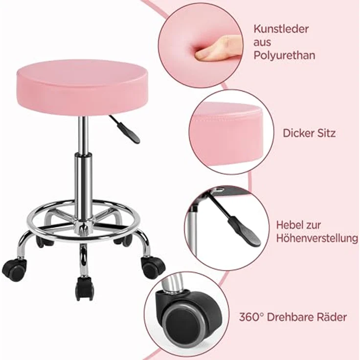 Yaheetech Rollhocker Höhenverstellbar 50,5–65 cm Sitzhöhe Drehhocker 360° Drehbar mit Polster Bürohocker bis 120 kg Arbeitshocker mit Rollen Hocker Rosa – Bild 5