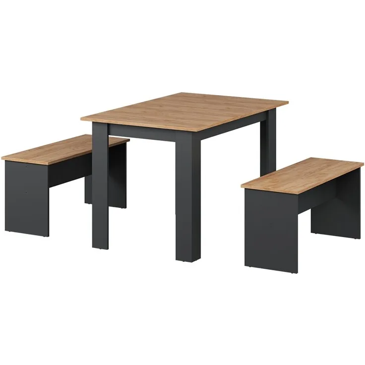 Esstisch Set Sentio Anthrazit/Goldkraft Eiche 112 x 73.6 cm mit 2 Bänken Vicco