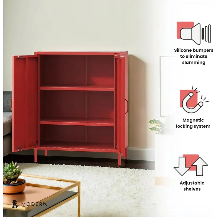 Jan Nowak Sideboard aus Metall, Kommode Glitzernd mit Doppeltür - VITO | Magnetverschluss, Verstellbare Einlegeböden | Highboard Wohnzimmer, Flur, Industriedesign | 80 x 101,5 x 40 cm | Rot – Bild 3