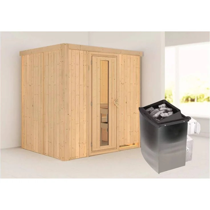 Karibu Sauna Bodin + 9kW Saunaofen mit integrierter Steuerung Klarglas Ganzglastür – Bild 1