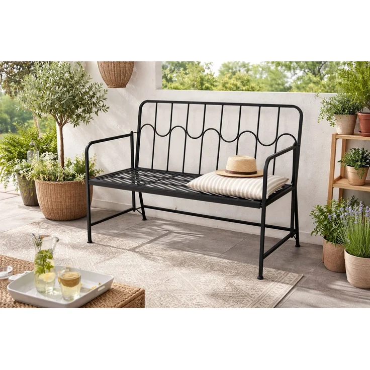 Gartenbank Metall 2-Sitzer Schwarz pulverbeschichtet mit Rückenlehne Wellenoptik – Bild 1