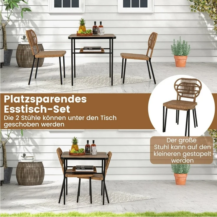 COSTWAY Balkonset, (3-tlg), Gartenmöbel Set, Essgruppe, Rattan stapelbar – Bild 3