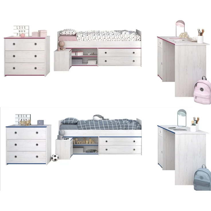 Jugendzimmer-Set >Smoozy 37< (3-teilig) Kleiderschrank, Schreibtisch, Bett, in Kiefer Weiß Dekor – Bild 3