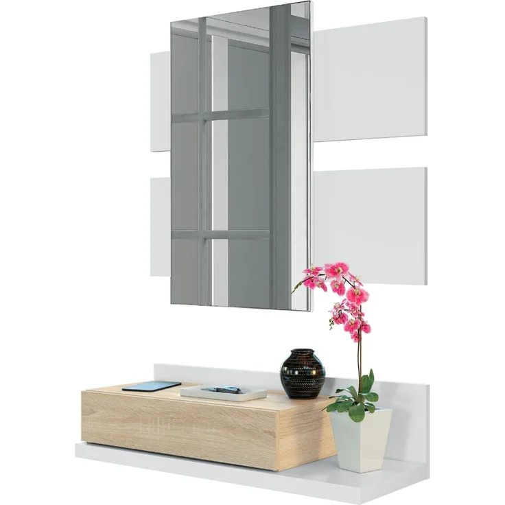 Flur mit Schublade und Spiegel, Eingangsmöbel, Modell Tekkan, Ausführung in Artik White und kanadischer Eiche, Maße: 75 cm (Breite) x 116 cm (Höhe) x 29 cm (Tiefe) – Bild 4