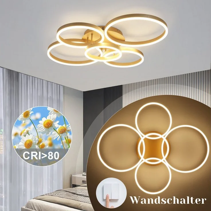Nettlife LED Deckenleuchte Dimmbar Wohnzimmer Gold 2 Ring 46W 59CM Modern, Dimmbar mit Fernbedienung, LED fest integriert, Geeignet für Wohnzimmer, Schlafzimmer, Küche, Esszimmer, Büro – Bild 2