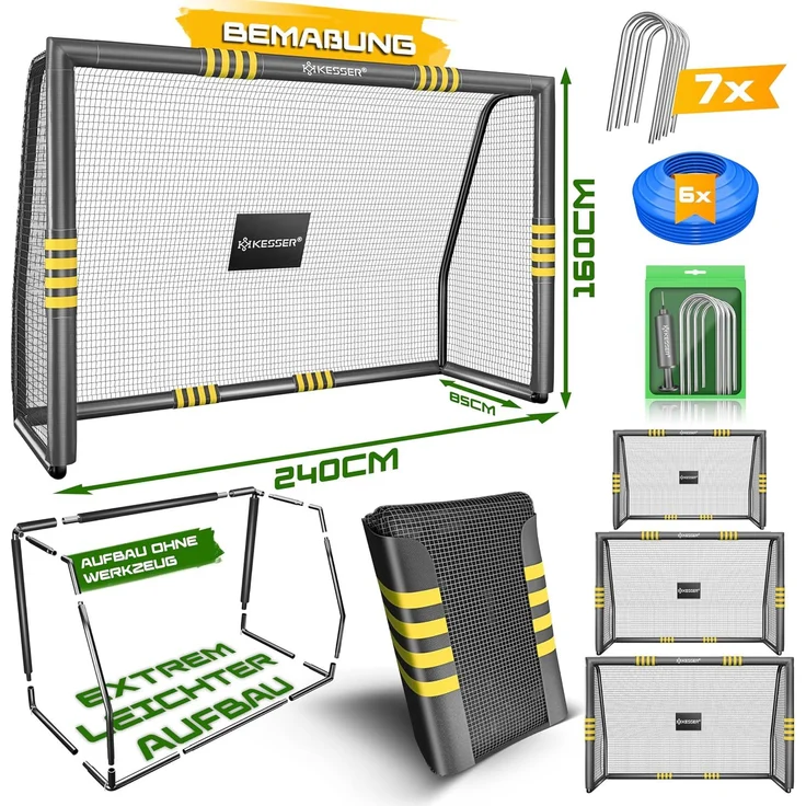 KESSER® Fußballtor für Garten robustes Outdoor Training Schusstraining UV-beständigem Netz, Stahlrahmen mit Polsterung, Erdhaken, Luftpumpe, Hüttchen, Montagezubehör für Kinder und Erwachsene Anthrazit, 240cm, Ohne Torwand – Bild 7