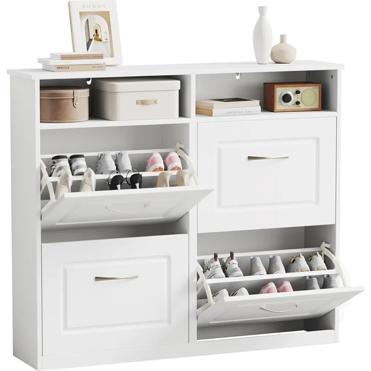 Sweetcrispy Schuhschrank mit 4 Klappen, schmaler & moderner Schuhkipper mit offenen Ablagefächern, verstellbare Trennwände, für Eingang/Flur, 104×24×90 cm, Weiß