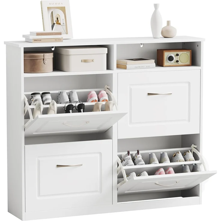 Sweetcrispy Schuhschrank mit 4 Klappen, schmaler & moderner Schuhkipper mit offenen Ablagefächern, verstellbare Trennwände, für Eingang/Flur, 104×24×90 cm, Weiß – Bild 1