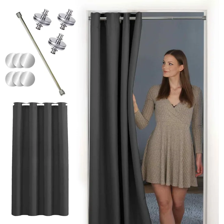 tinycurtains Türvorhang mit Stange silber 70-120 cm Thermo Vorhang ohne Bohren, mit Magneten, Ösen, abdunkelnd, Polyester, blickdicht, Anthrazit Nebula, Türgardine mit Klemmstange verdunkelnd