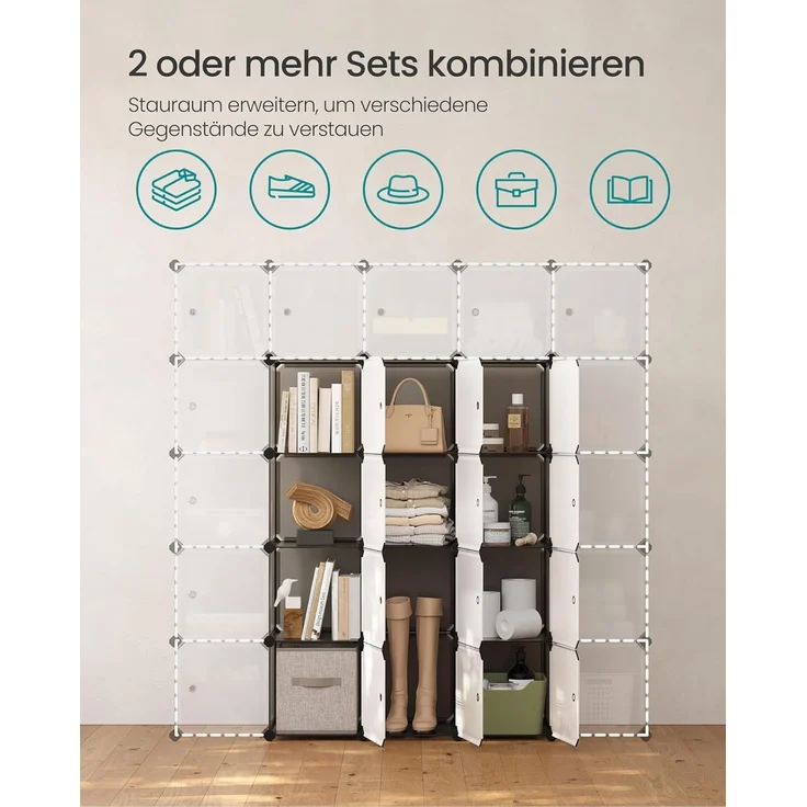 Songmics Regalsystem, Schuhregal, Set aus 16 Würfeln, Kleiderschrank aus Kunststoff, mit Türen, Steckregal, Aufbewahrung von Kleidung, Schuhen und Büchern, einfache Montage, grau LPC443G01 – Bild 5