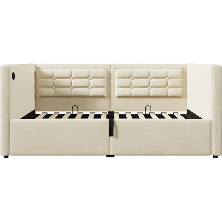 Polstertes Schlafsofa, Samt mit USB-Ladestation, 90x200 cm, Beige, ohne Matratze – Bild 10