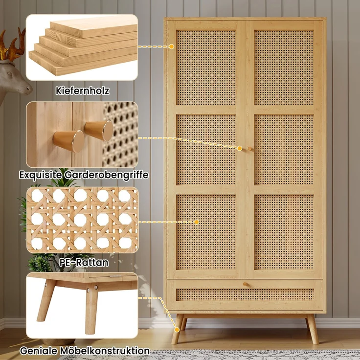 Abrihome Kleiderschrank mit 2 Türen, Rattan-Stange, Schlafzimmer, Beige, 183x145x90 cm – Bild 4
