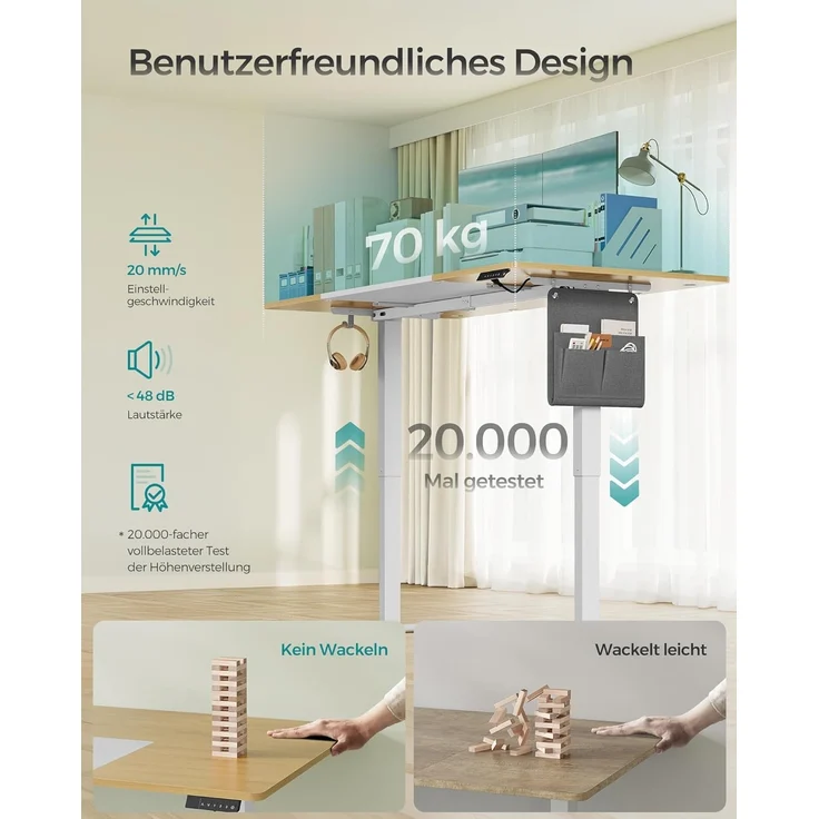 SONGMICS Höhenverstellbarer Schreibtisch elektrisch, 180x80 cm, stufenlos verstellbar, Memory-Funktion mit 4 Höhen, USB-C-Anschluss, natureichenfarben-mattweiß LSD028YD02 – Bild 5
