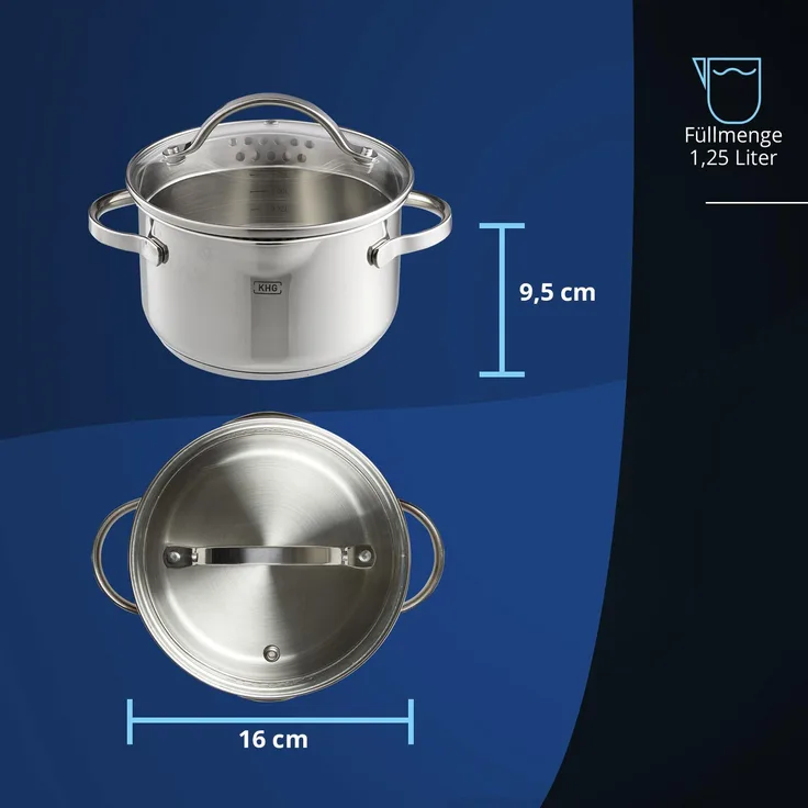 KHG Induktion Kochtopf | Ø 16 cm und 1,25 Liter Volumen | Soßentopf, Fleischtopf aus rostfreiem Edelstahl | Topf inkl. Glasdeckel mit Sieb | Innenskala, Ausguss