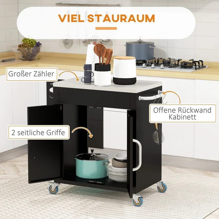 EINHOM Küchenwagen mit Rollen Servierwagen mit Schrank & Haken Edelstahlgriffe Schwarz 86 x 50 x 86, 5 cm für Küche & Esszimmer – Bild 4