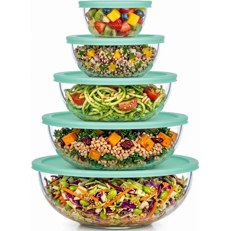uandu home Vorratsdose 5er Glas-Salatschüssel Set mit Deckel – BPA-frei, (Stapelbar, Spülmaschinen- & Mikrowellenfest, 0.19l-3.3l, Salatschüsseln für Küche & Meal Prep, Borosilikatglas Rührschüssel Set) – Bild 1