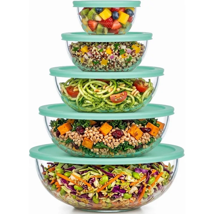 uandu home Vorratsdose 5er Glas-Salatschüssel Set mit Deckel – BPA-frei, (Stapelbar, Spülmaschinen- & Mikrowellenfest, 0.19l-3.3l, Salatschüsseln für Küche & Meal Prep, Borosilikatglas Rührschüssel Set)